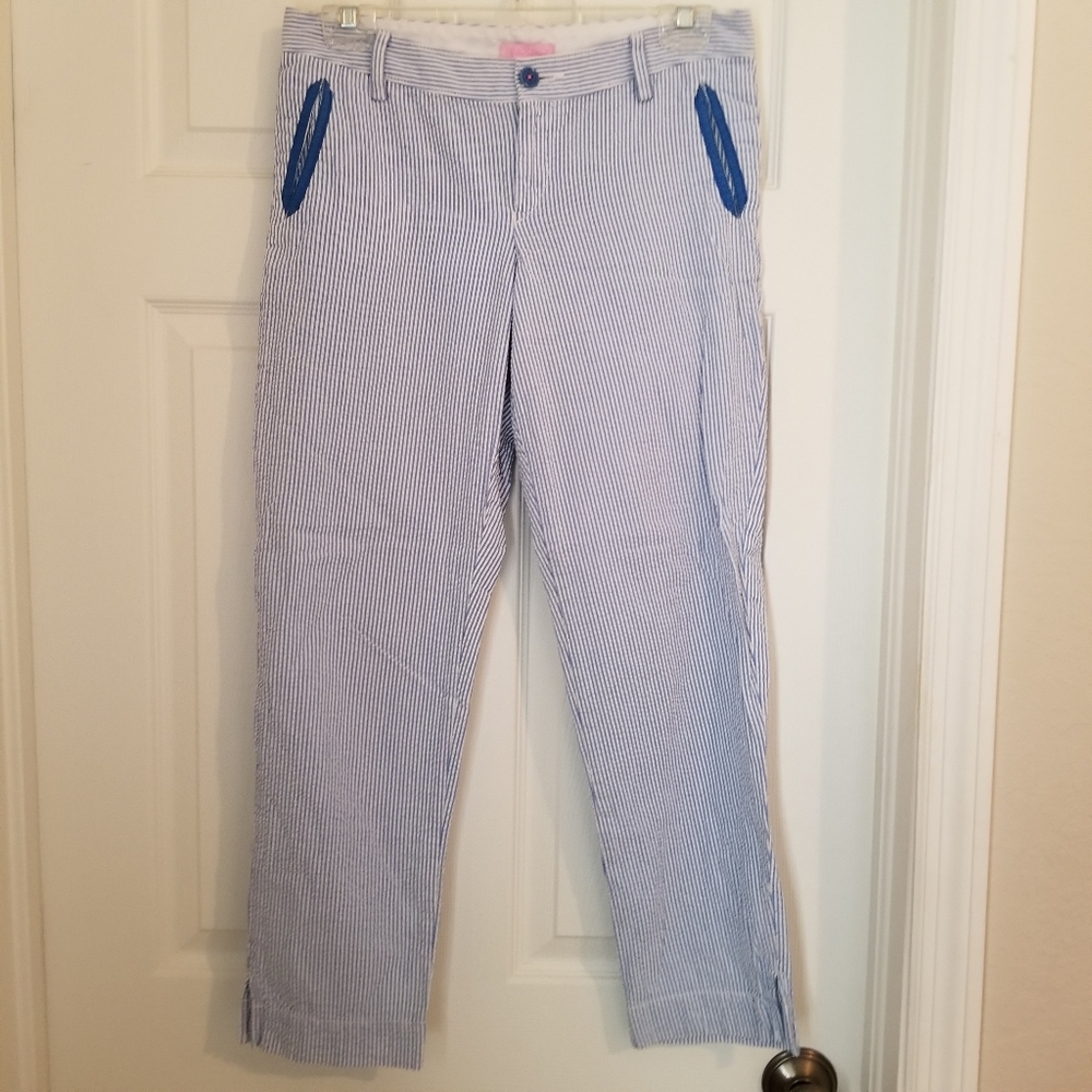 Lilly Pulitzer Seersucker Capris with Blue Edging